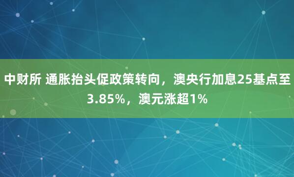 中财所 通胀抬头促政策转向，澳央行加息25基点至3.85%，澳元涨超1%